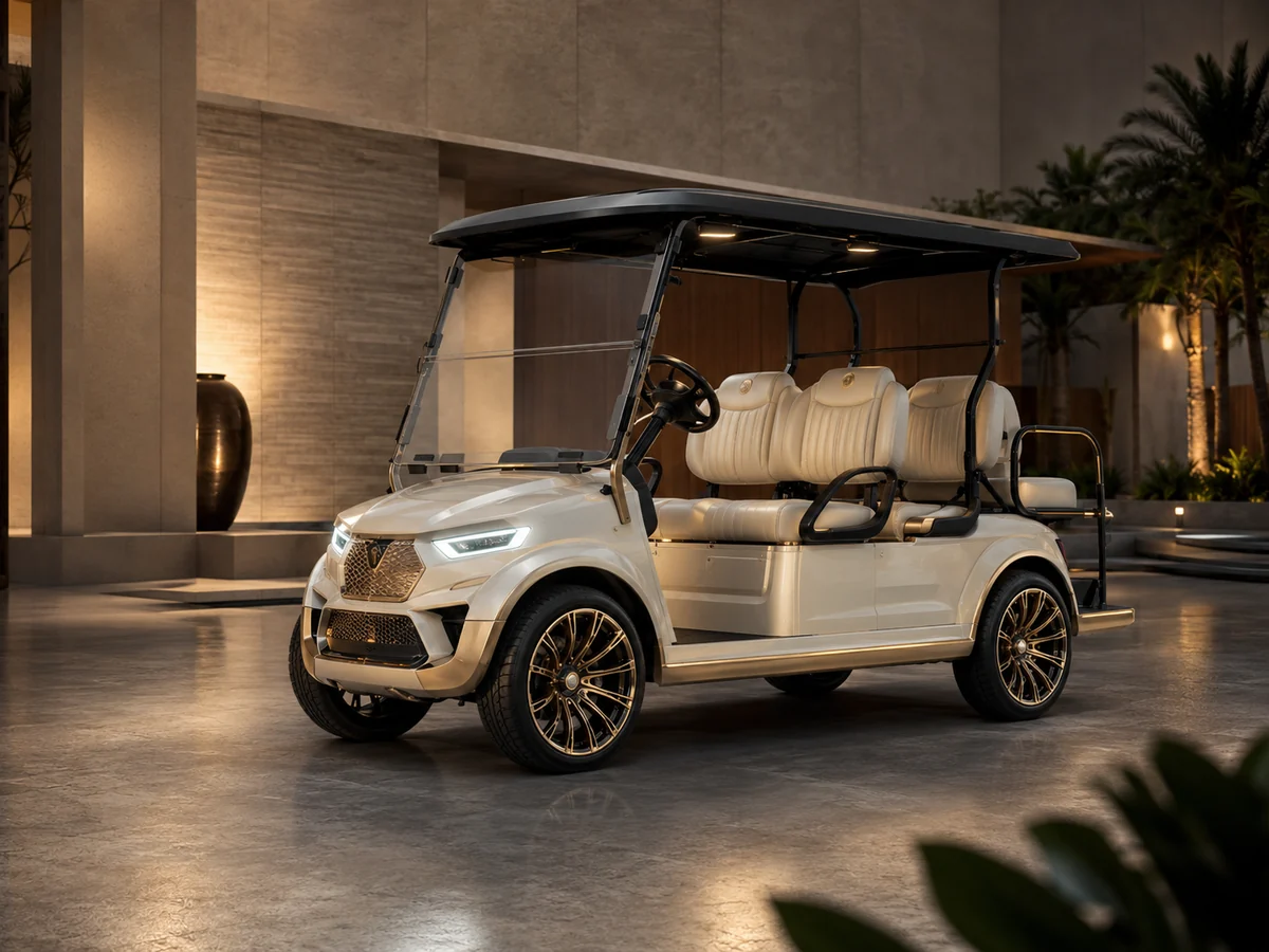 Cortéa Aegis premium electric golf cart in pearl ivory with champagne trim