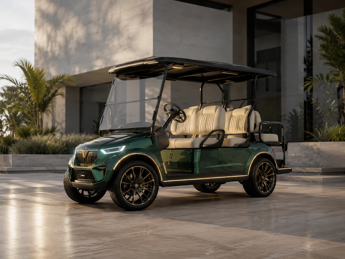 Cortéa Apex luxury electric golf cart in deep green outside modern architecture