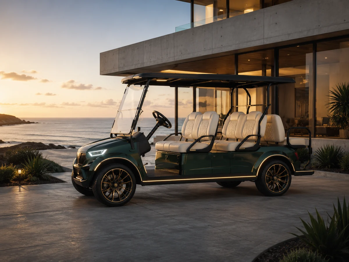 Cortéa Monarch six seat luxury electric golf cart beside waterfront villa