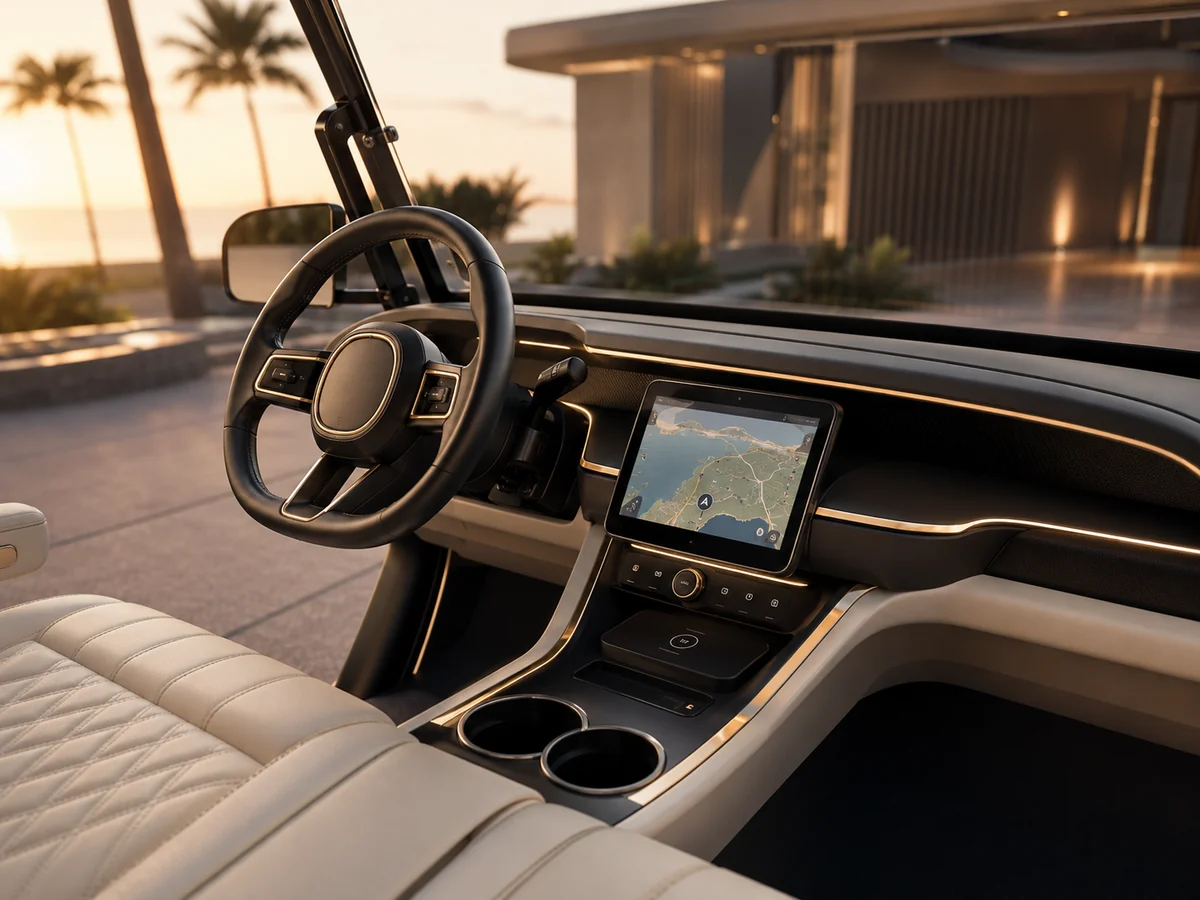 Cortéa smart electric golf cart cockpit with 9.7 inch display and luxury cream seats